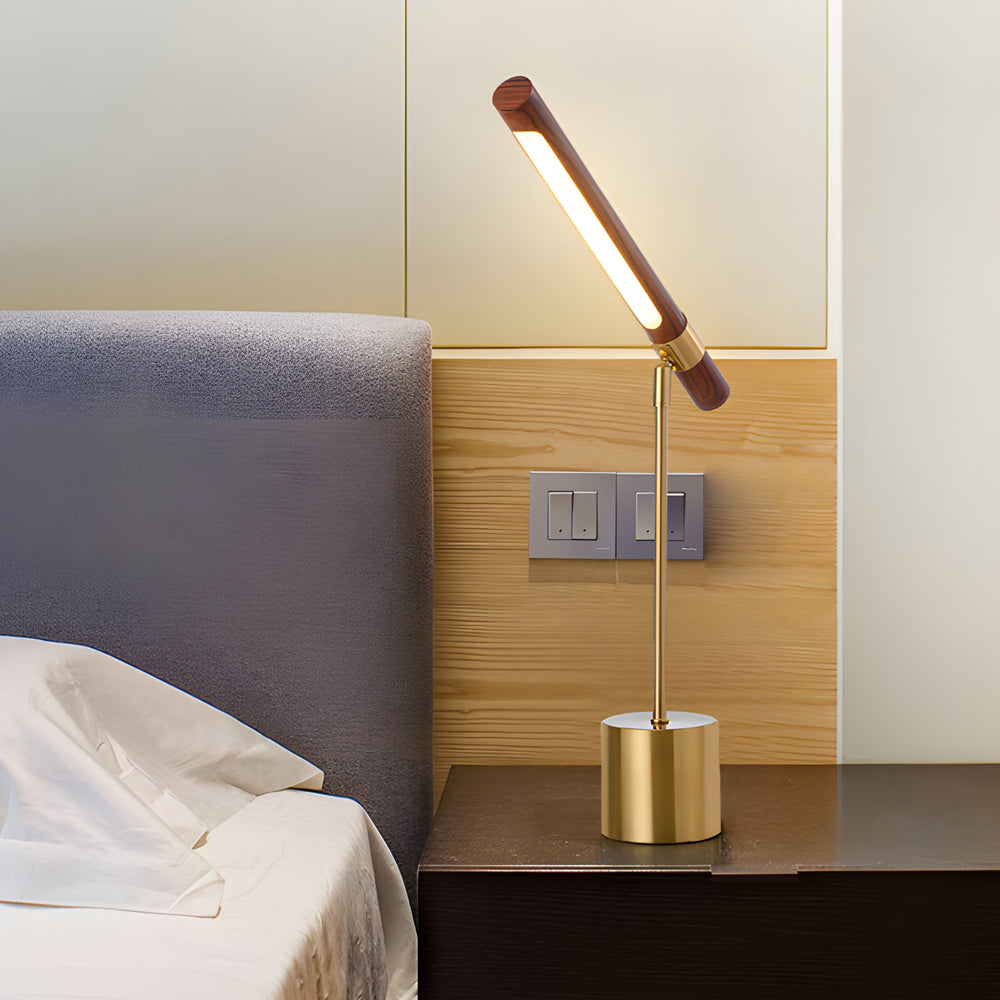 Modern Linear LED Desk Lamp with Wood & Brass Finish, USB Port