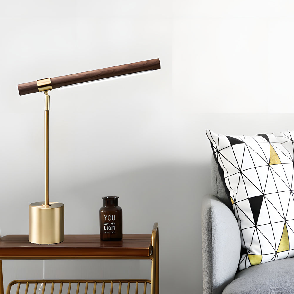 Modern Linear LED Desk Lamp with Wood & Brass Finish, USB Port