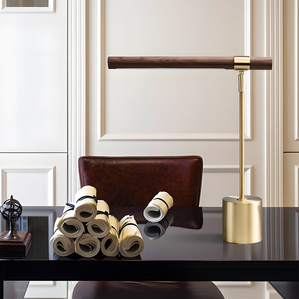 Modern Linear LED Desk Lamp with Wood & Brass Finish, USB Port