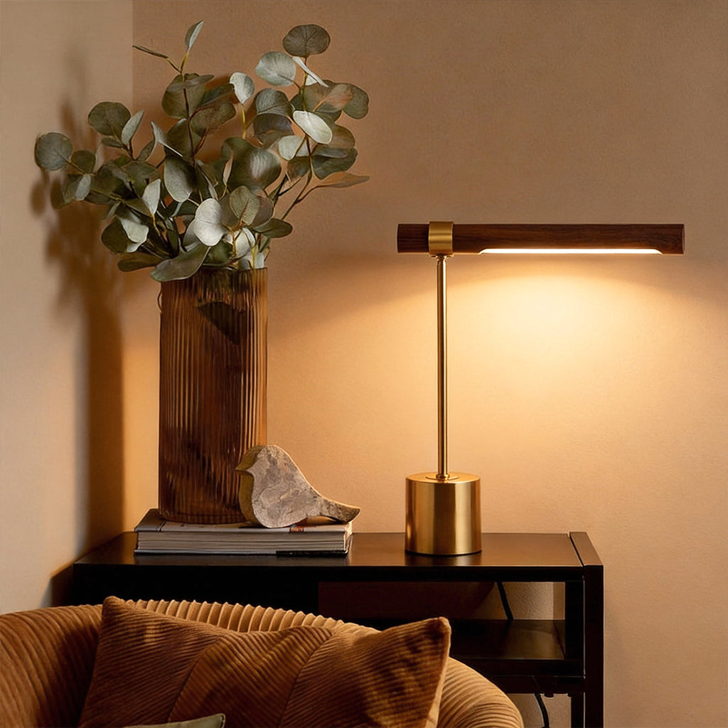Modern Linear LED Desk Lamp with Wood & Brass Finish, USB Port