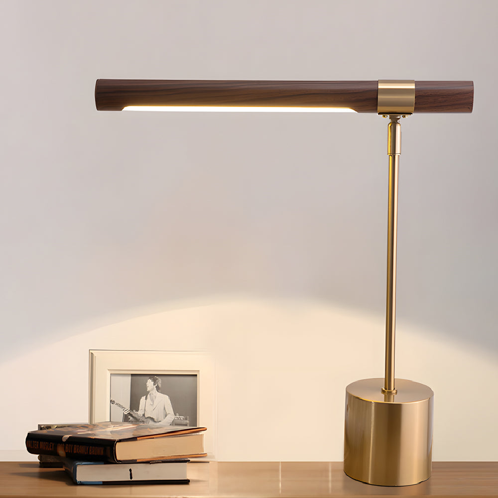 Modern Linear LED Desk Lamp with Wood & Brass Finish, USB Port