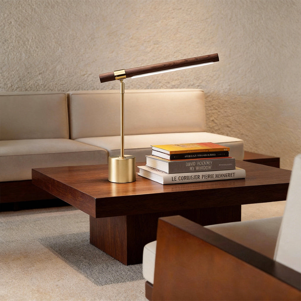 Modern Linear LED Desk Lamp with Wood & Brass Finish, USB Port