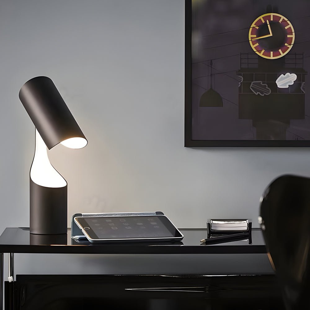 Modern LED Table Lamp with Fabric Shade, Black Metal Base, White Light