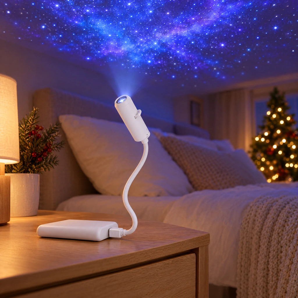 Star Projector Night Light projecting a starry sky on a bedroom ceiling