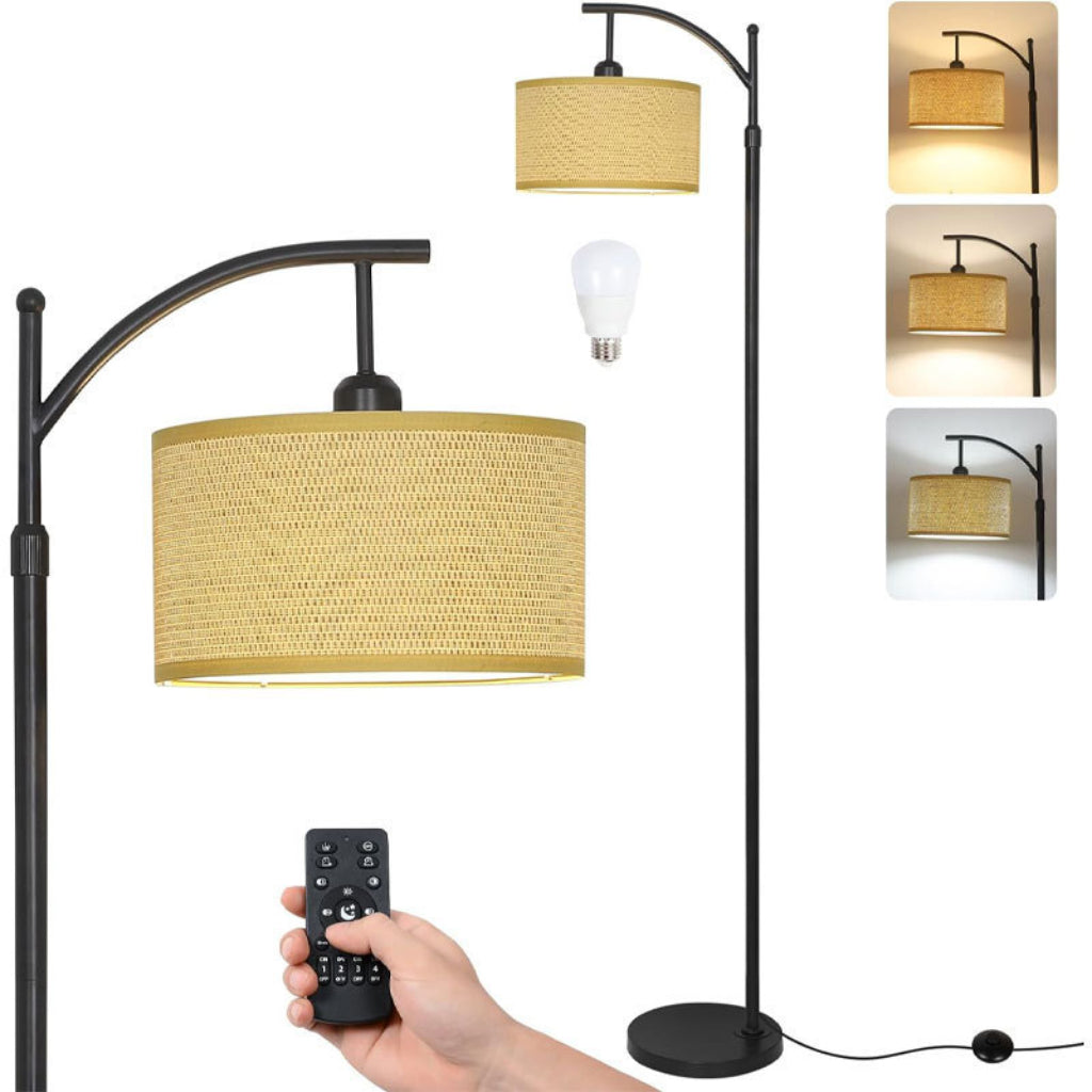 Handwoven Rattan Floor Lamp with Foot Switch, Farmhouse Boho Standing Lamp, 110V US Plug, Natural Wicker Living Room Floor Light
