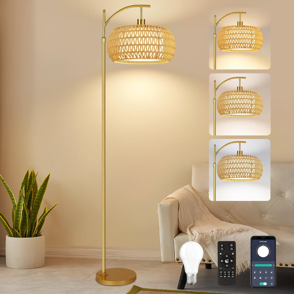 Handwoven Rattan Floor Lamp with Foot Switch, Farmhouse Boho Standing Lamp, 110V US Plug, Natural Wicker Living Room Floor Light