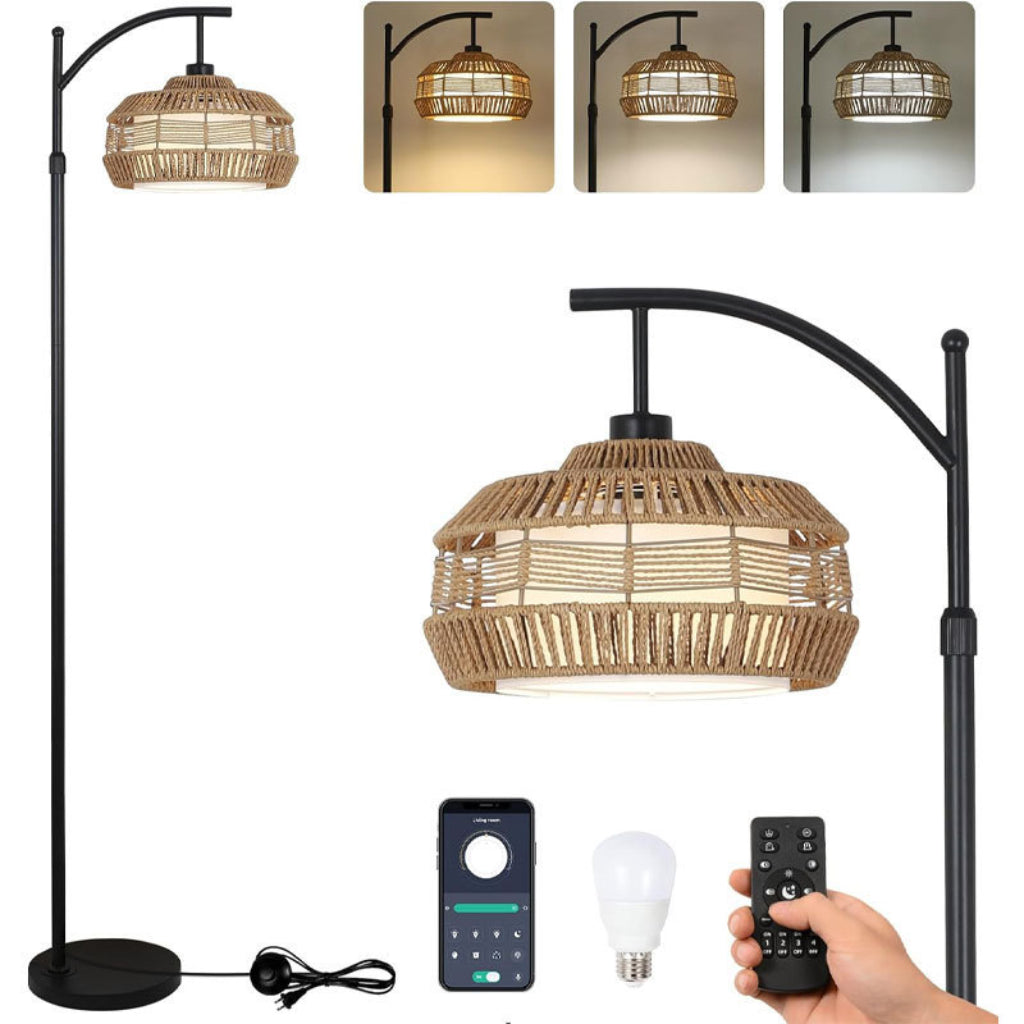 Handwoven Rattan Floor Lamp with Foot Switch, Farmhouse Boho Standing Lamp, 110V US Plug, Natural Wicker Living Room Floor Light