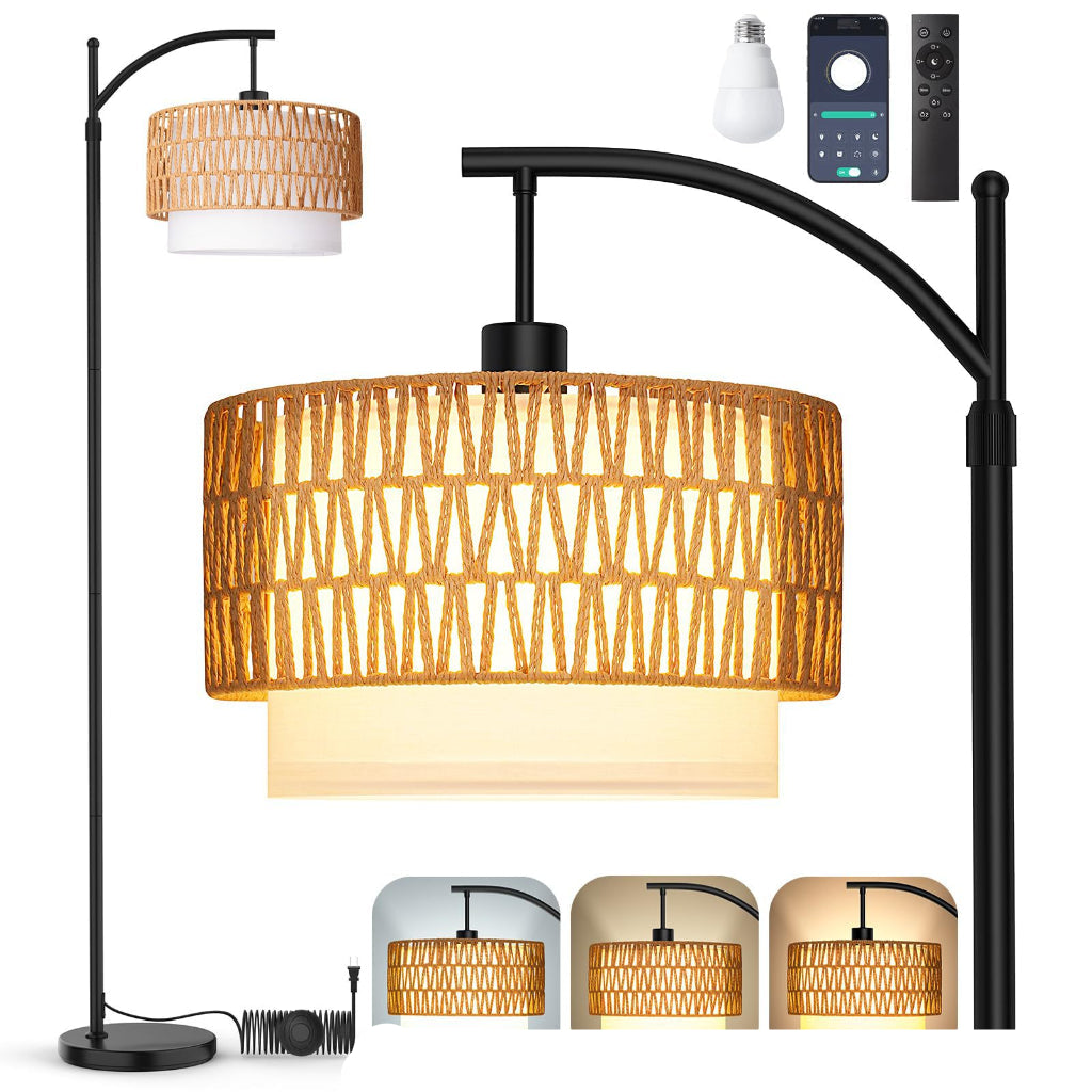 Handwoven Rattan Floor Lamp with Foot Switch, Farmhouse Boho Standing Lamp, 110V US Plug, Natural Wicker Living Room Floor Light
