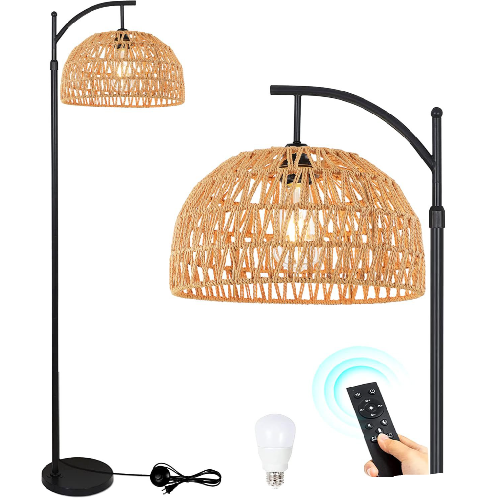 Handwoven Rattan Floor Lamp with Foot Switch, Farmhouse Boho Standing Lamp, 110V US Plug, Natural Wicker Living Room Floor Light