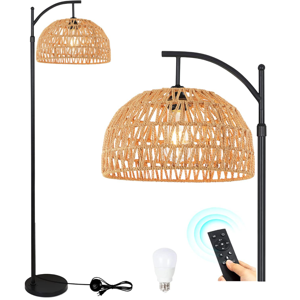 Handwoven Rattan Floor Lamp with Foot Switch, Farmhouse Boho Standing Lamp, 110V US Plug, Natural Wicker Living Room Floor Light
