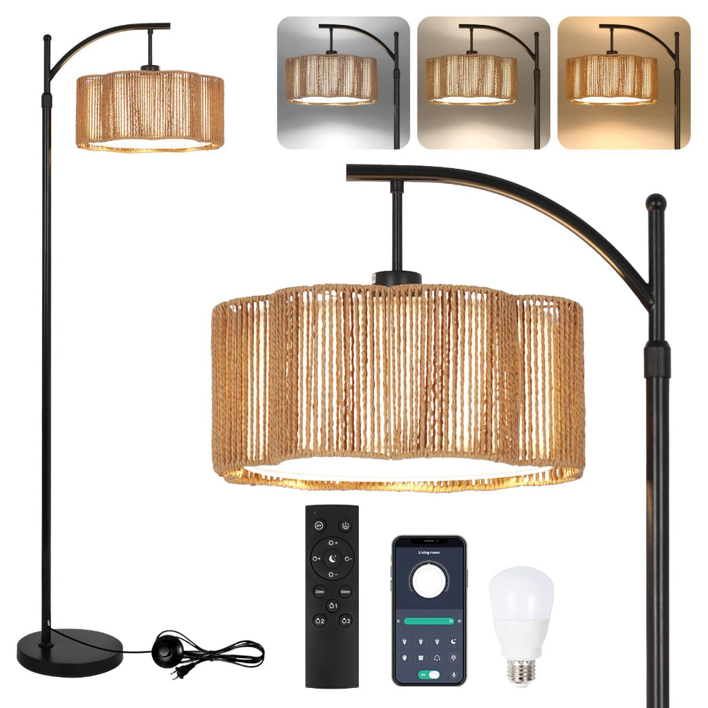 Handwoven Rattan Floor Lamp with Foot Switch, Farmhouse Boho Standing Lamp, 110V US Plug, Natural Wicker Living Room Floor Light