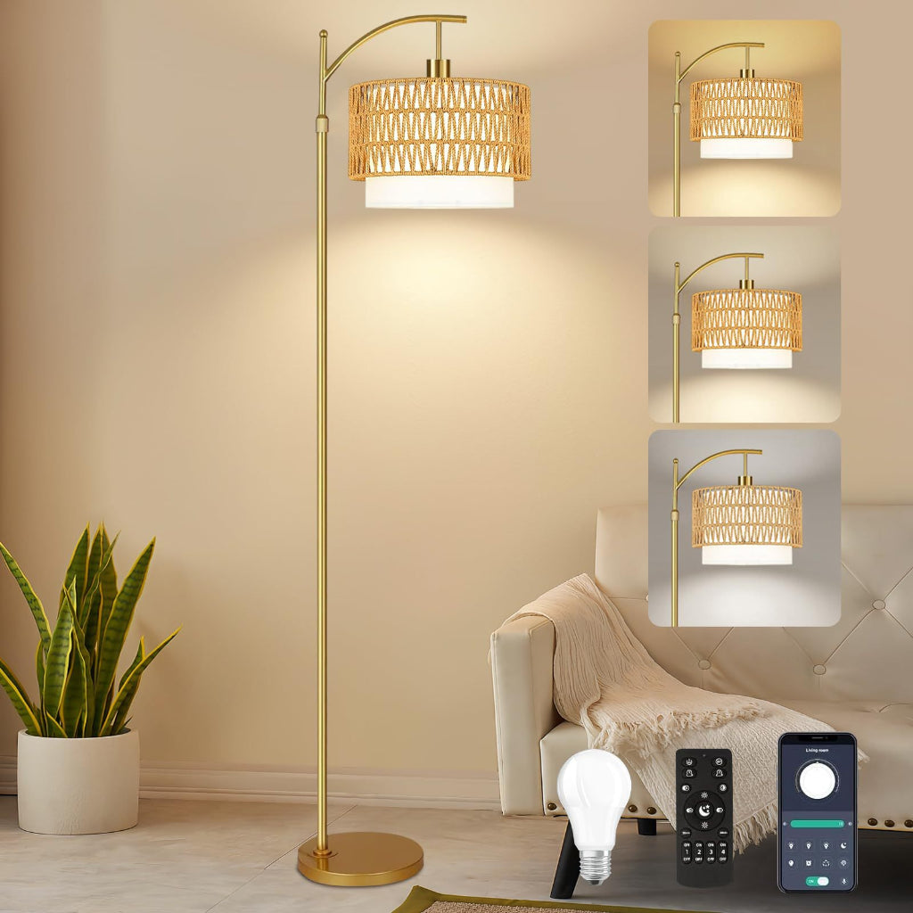 Handwoven Rattan Floor Lamp with Foot Switch, Farmhouse Boho Standing Lamp, 110V US Plug, Natural Wicker Living Room Floor Light