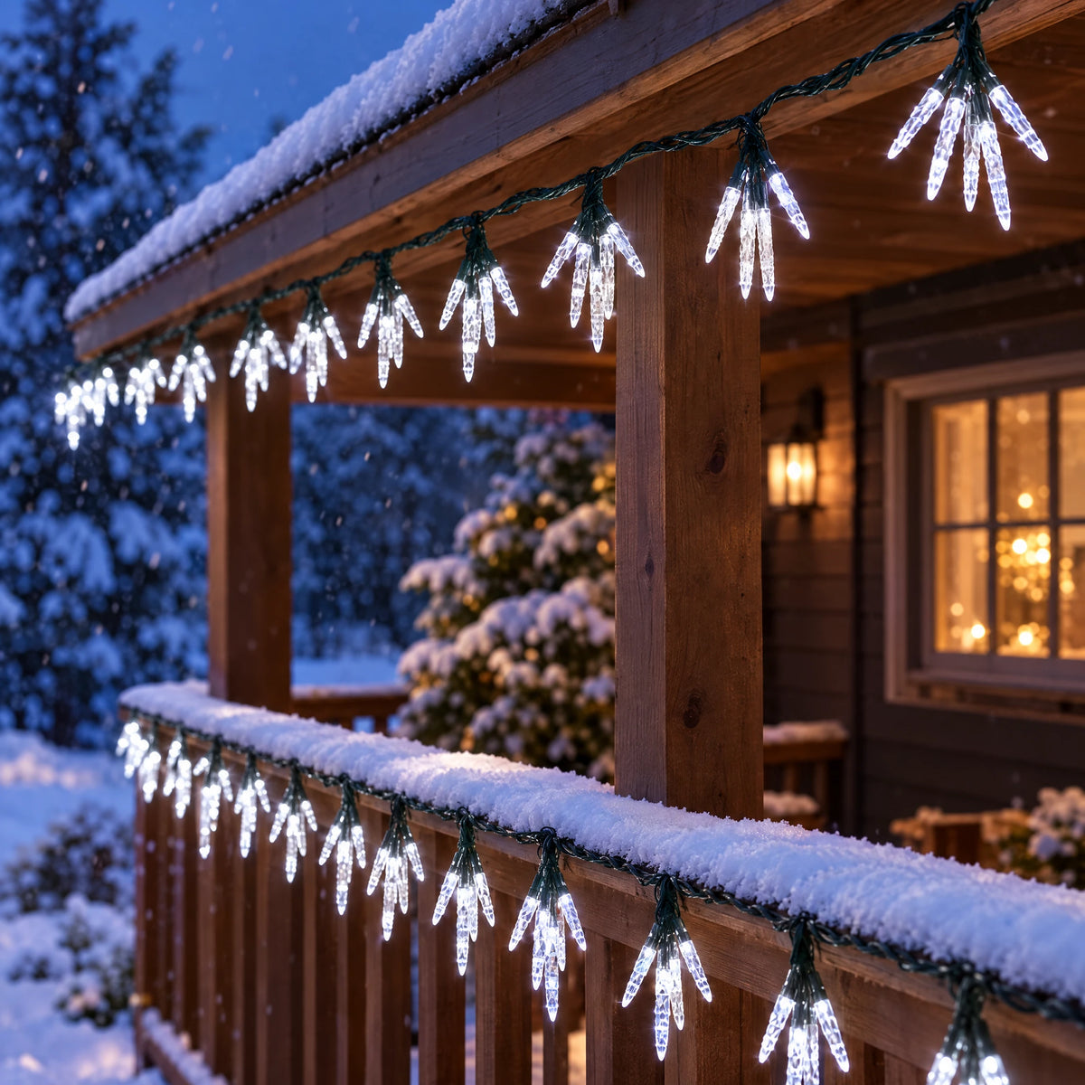 Icicle string lights along a snowy porch roof and railing