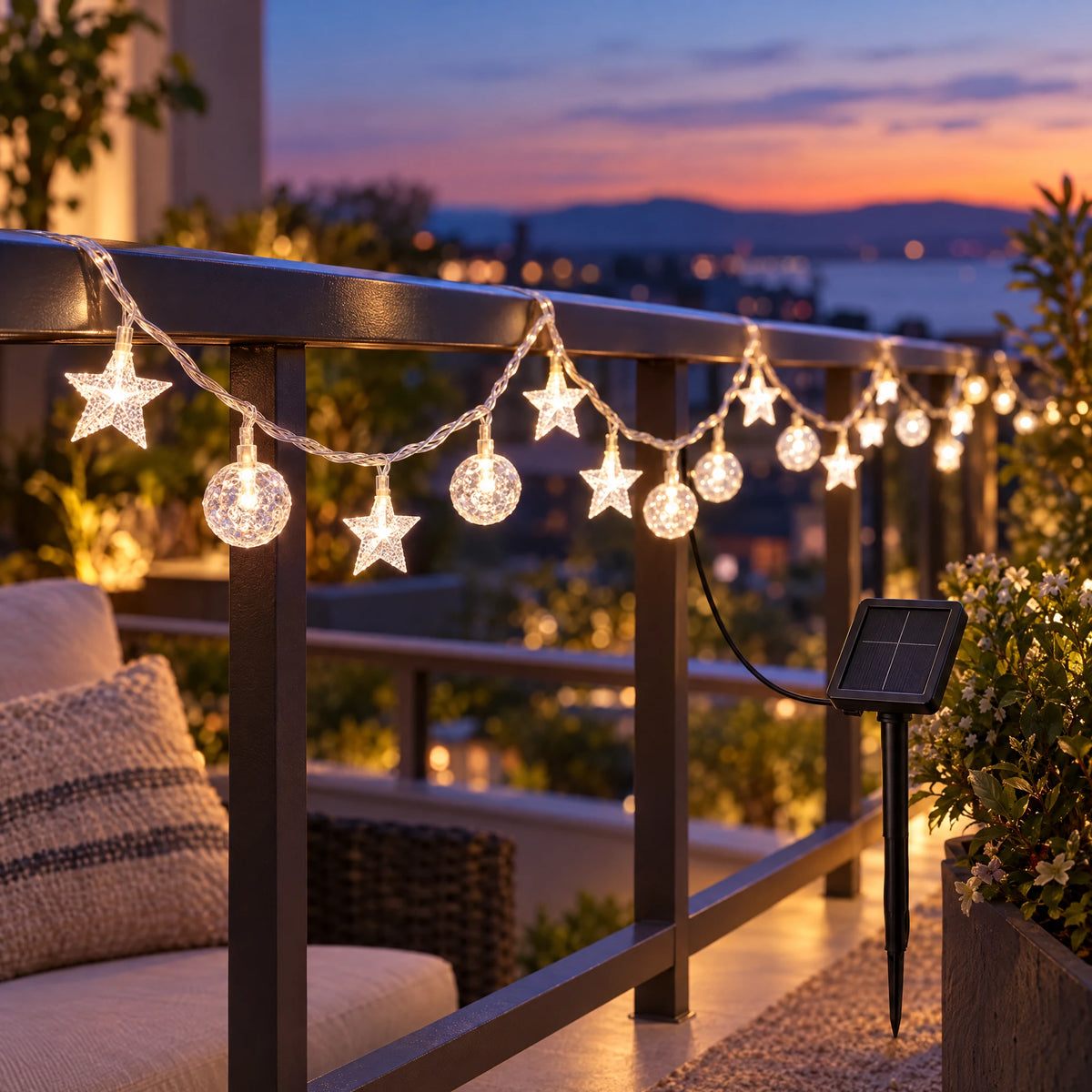 Solar star and crystal bubble ball string lights on a balcony railing at dusk