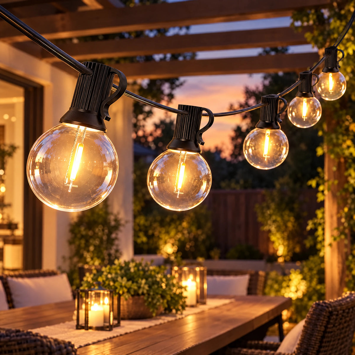 G40 globe bulb string lights over a patio dining table