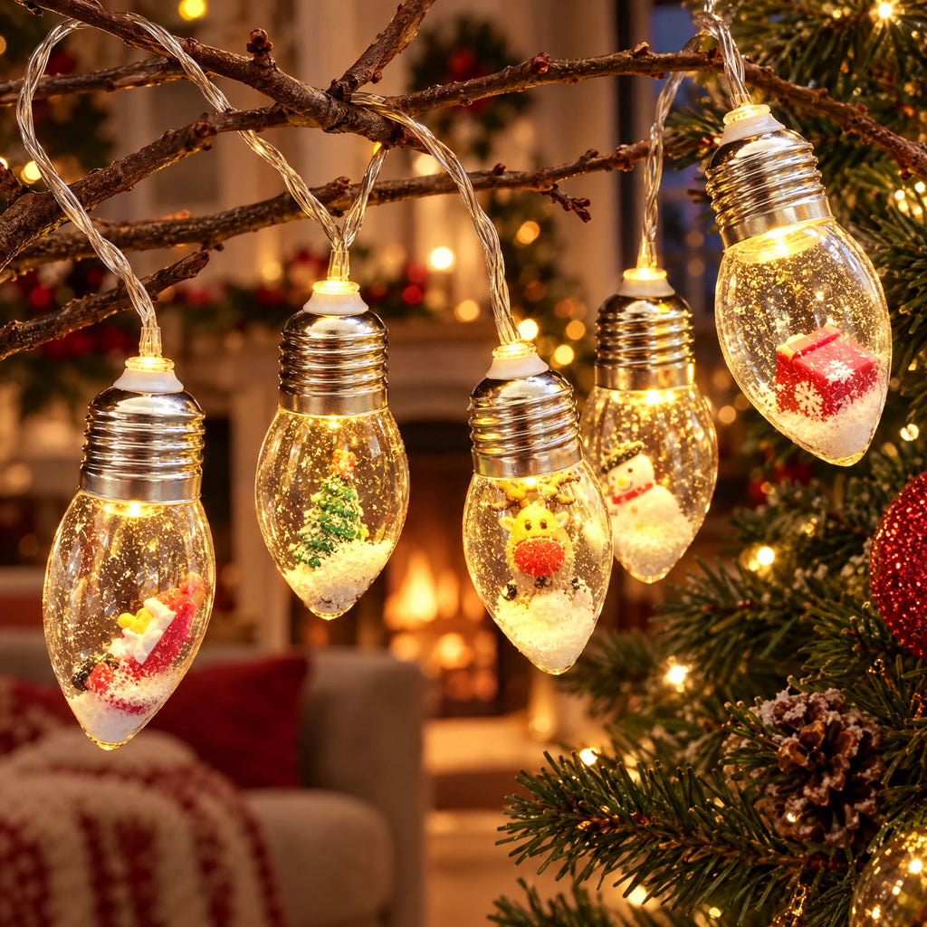 Christmas bulb string lights with figures inside hanging from branches