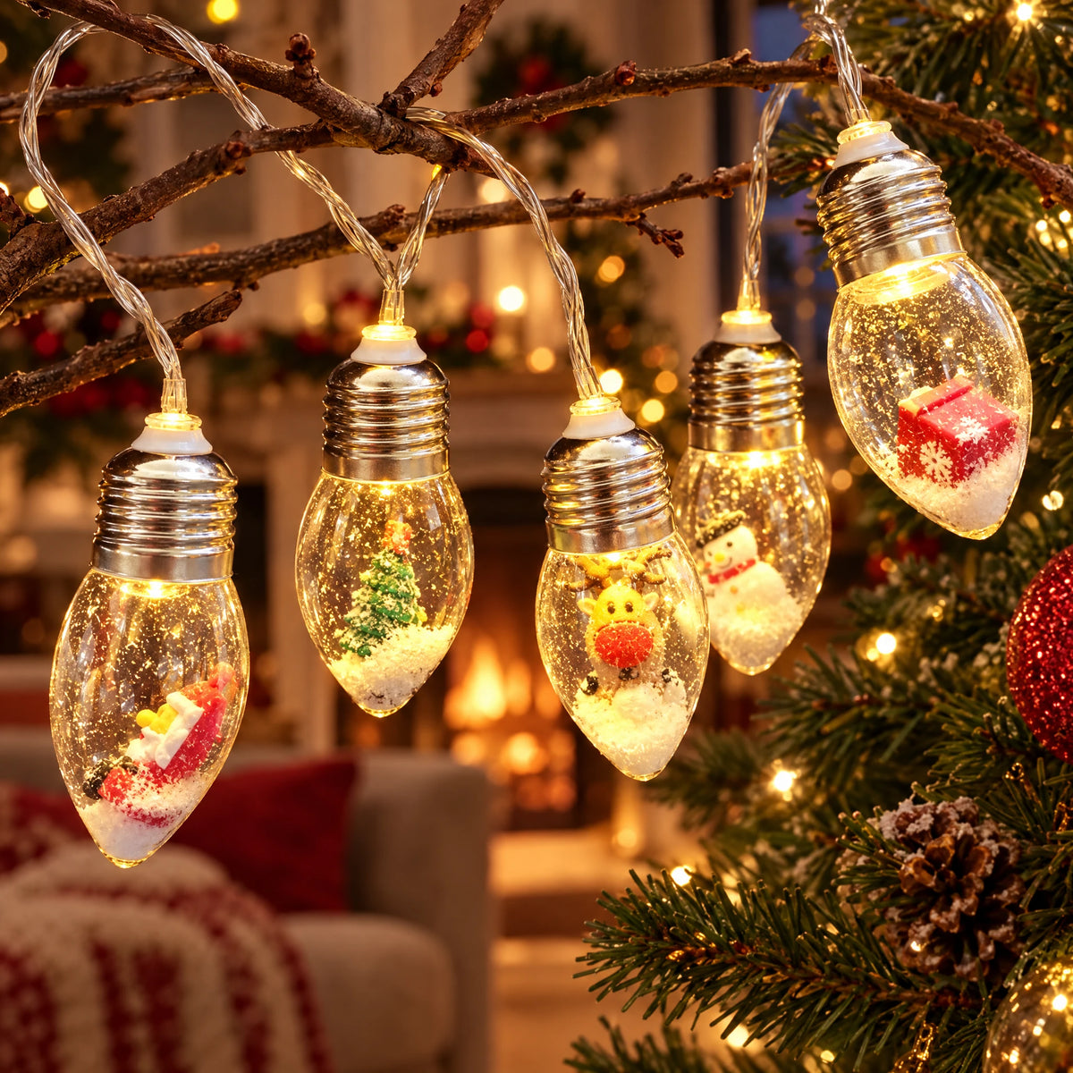 Christmas bulb string lights with figures inside hanging from branches
