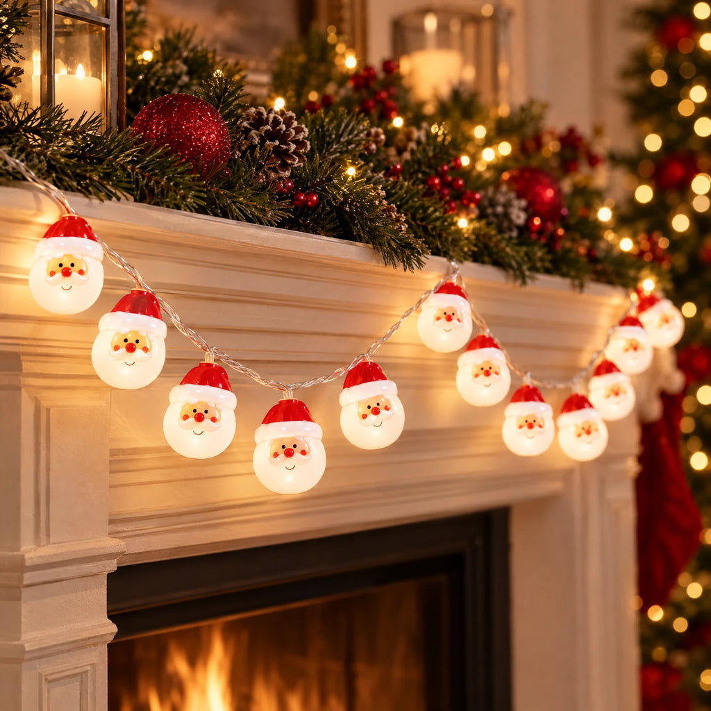 Santa head Christmas string lights draped on a fireplace mantel