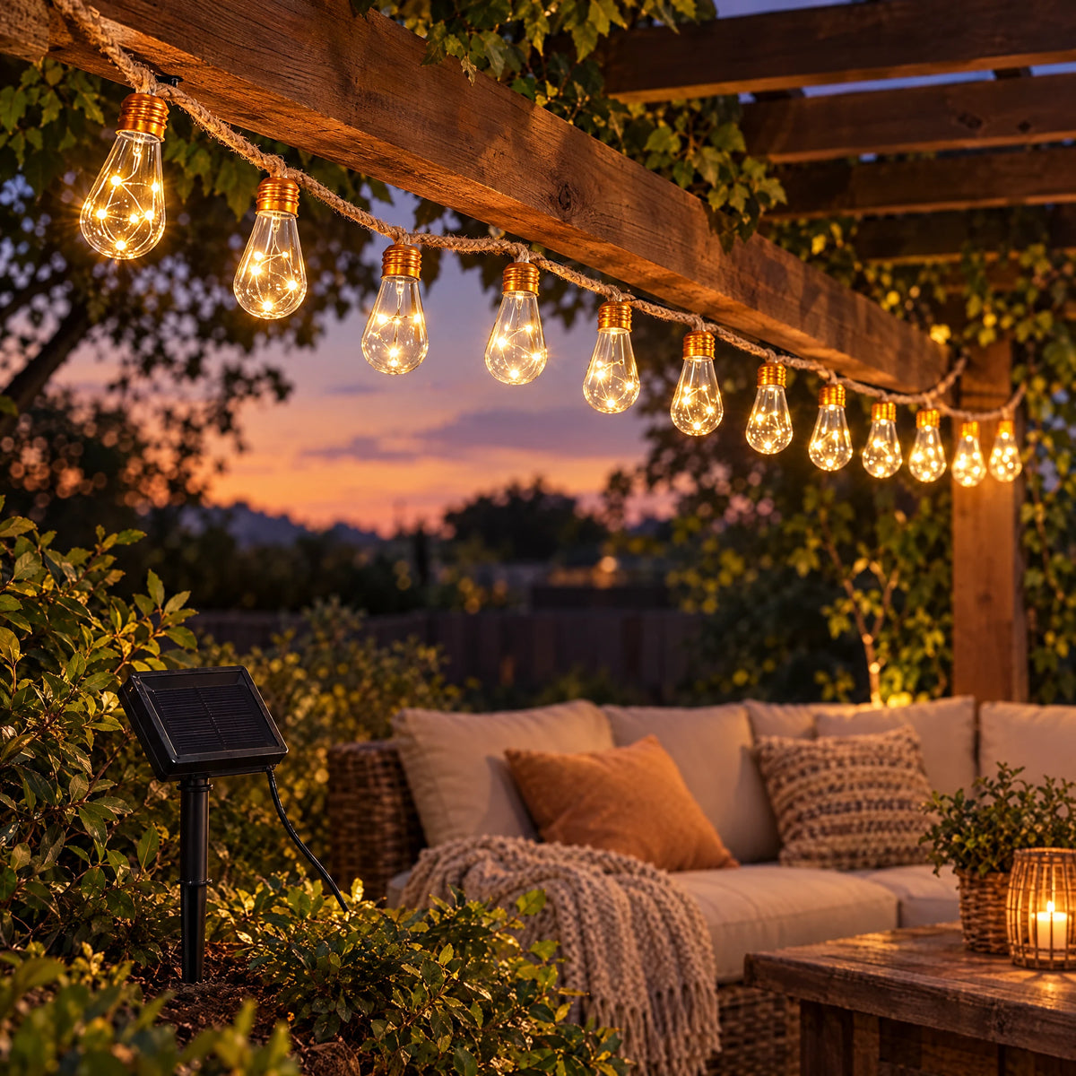 Solar hemp rope bulb string lights on a patio pergola