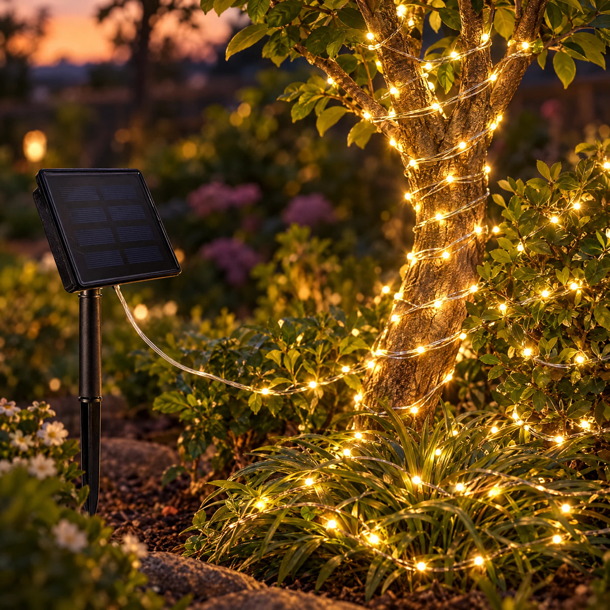 Solar copper fairy lights wrapped around a garden tree