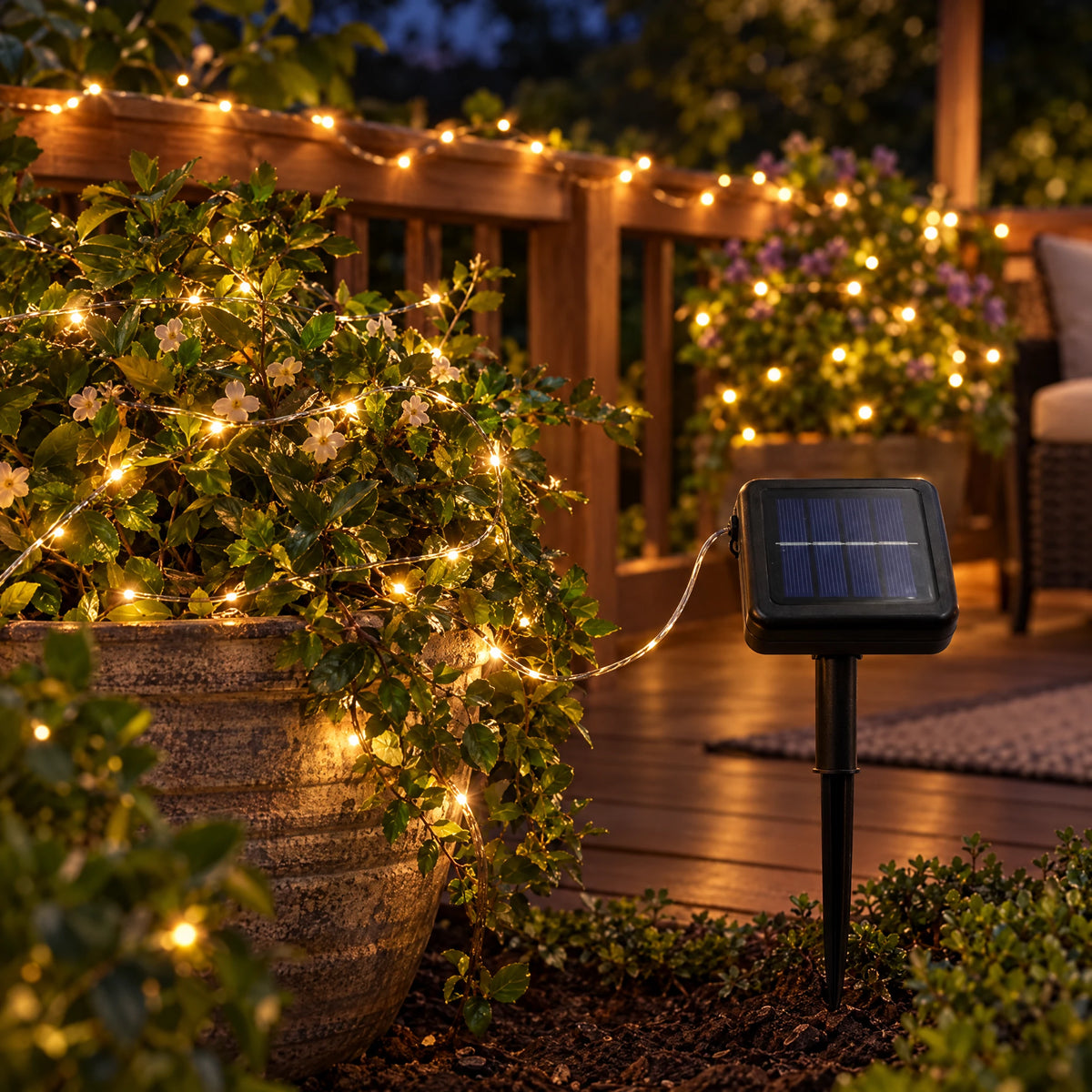 Solar copper fairy lights through potted plants on a patio