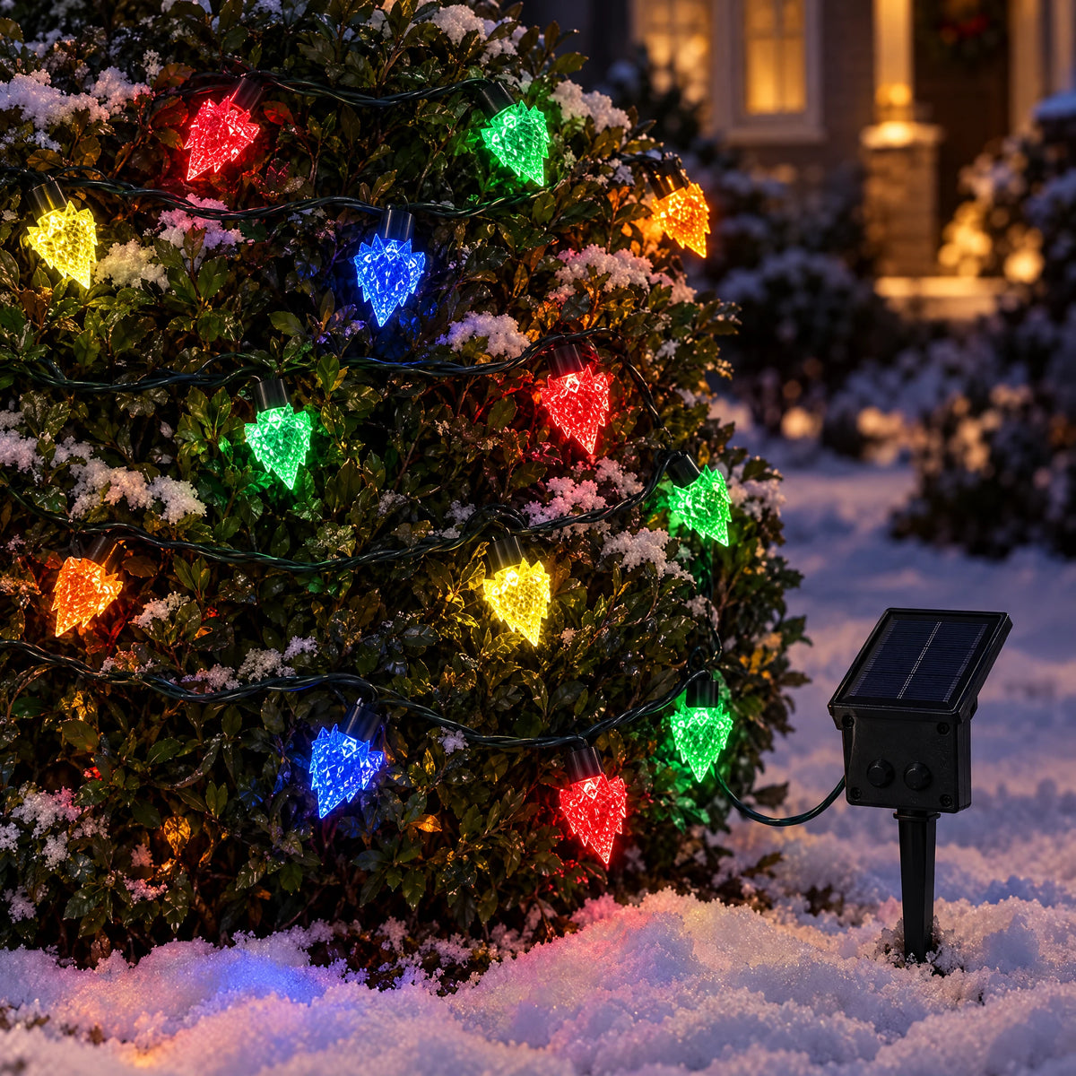 Solar strawberry bulb string lights on a snowy evergreen shrub