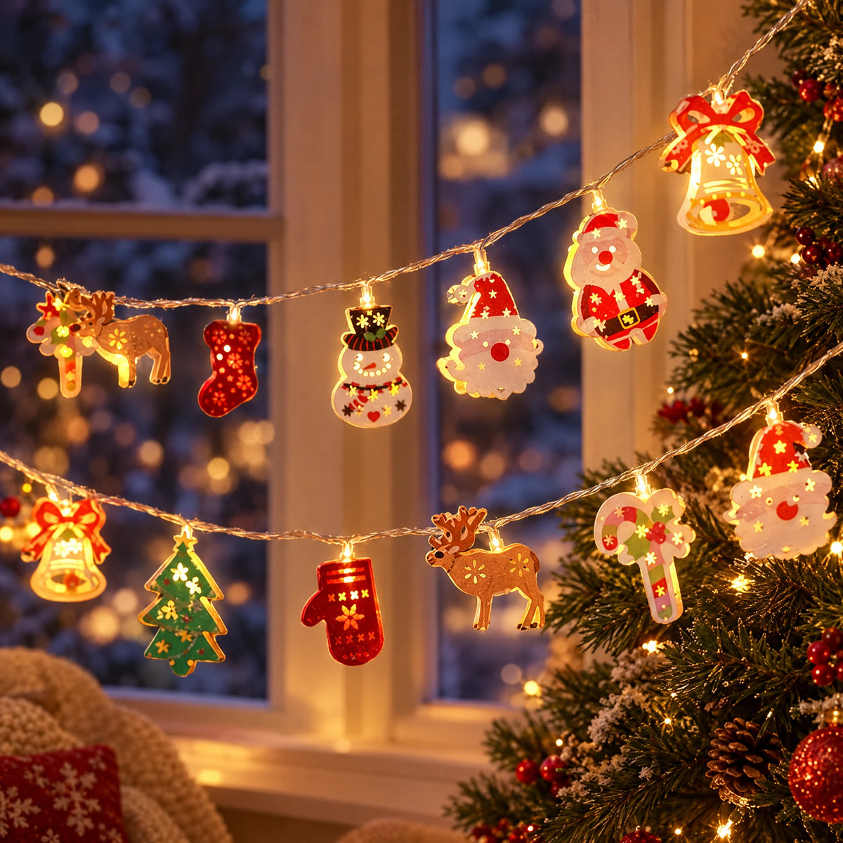 Holiday figure Christmas string lights across a window