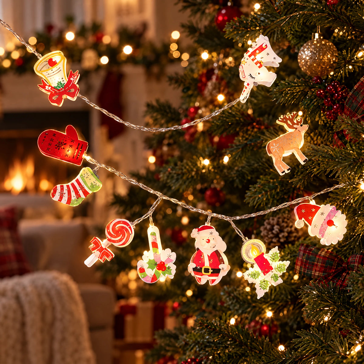 Warm LED holiday figure string lights in front of a Christmas tree