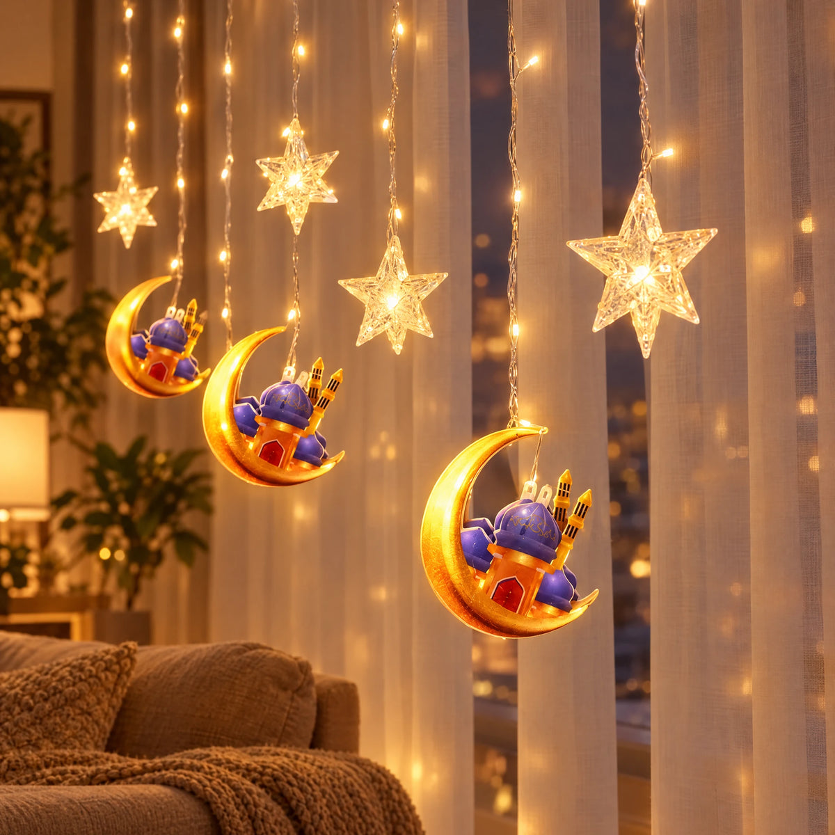 Star and moon curtain string lights on a living room window