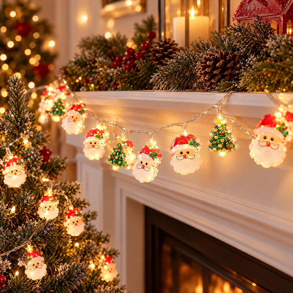 Painted Santa and tree Christmas string lights on a white mantel