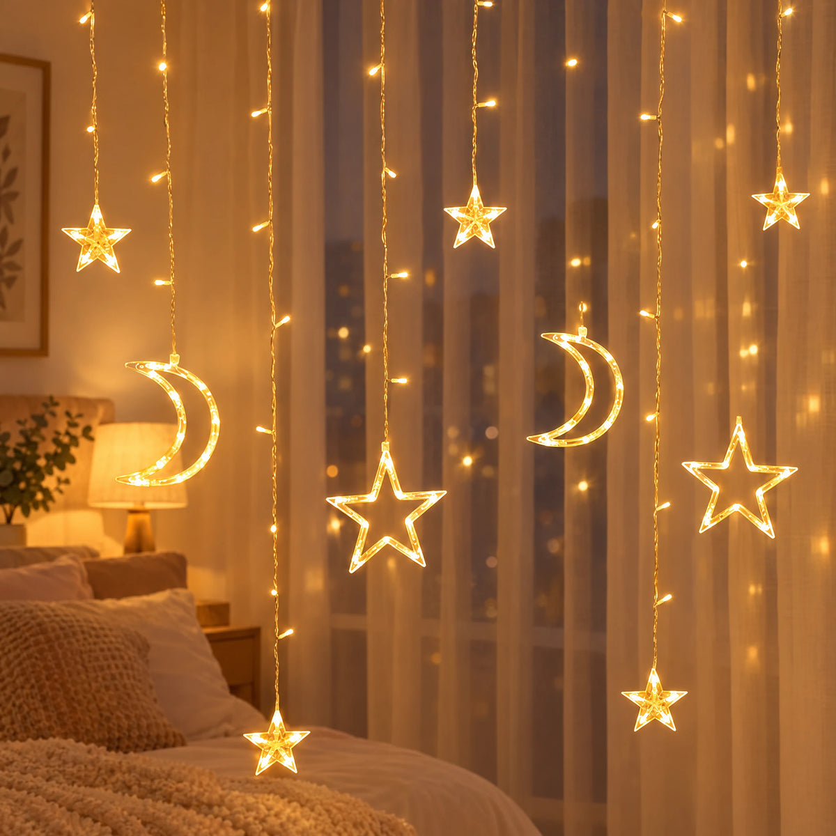 Star and moon curtain string lights in a bedroom at night