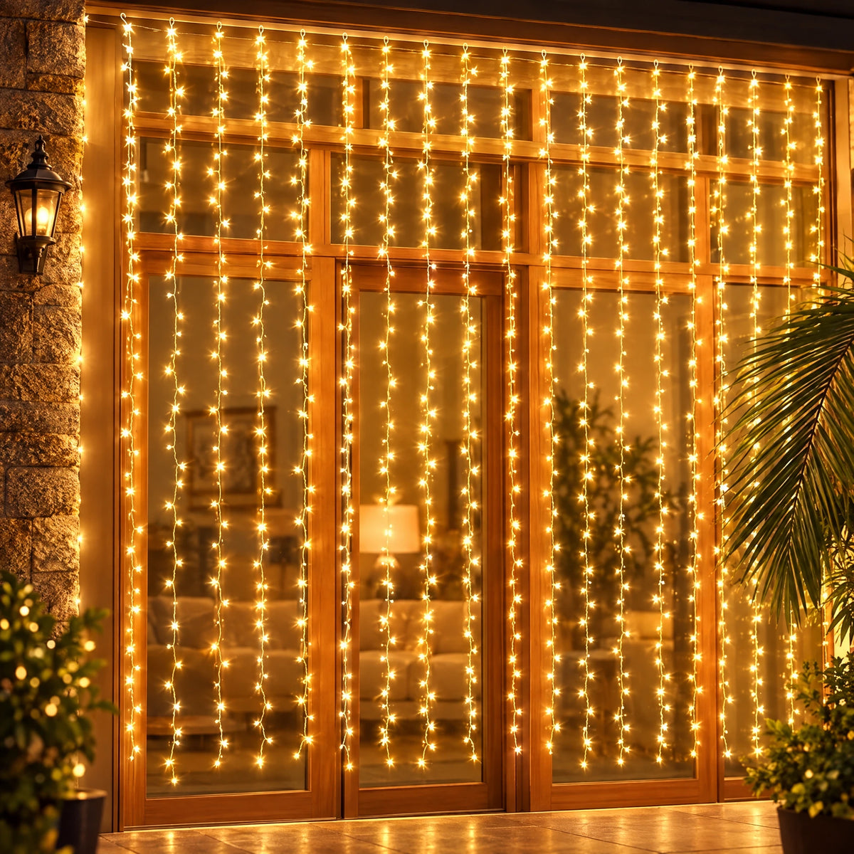 Curtain LED fairy lights hung on a glass patio door