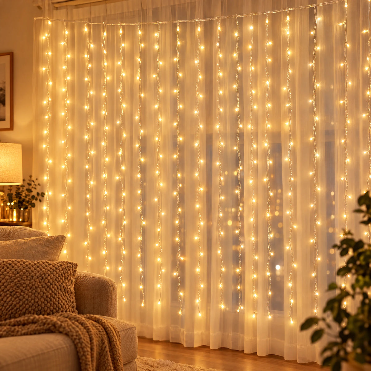 Waterfall curtain fairy lights on a living room window