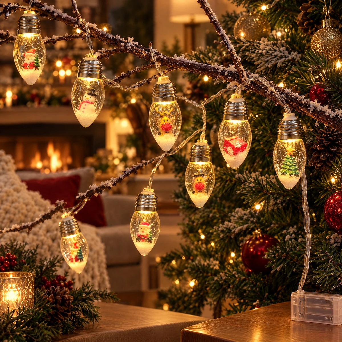 Christmas String Lights with Santa, Tree, or Snowman Inside Each Bulb - Christmas Mix - Battery Model