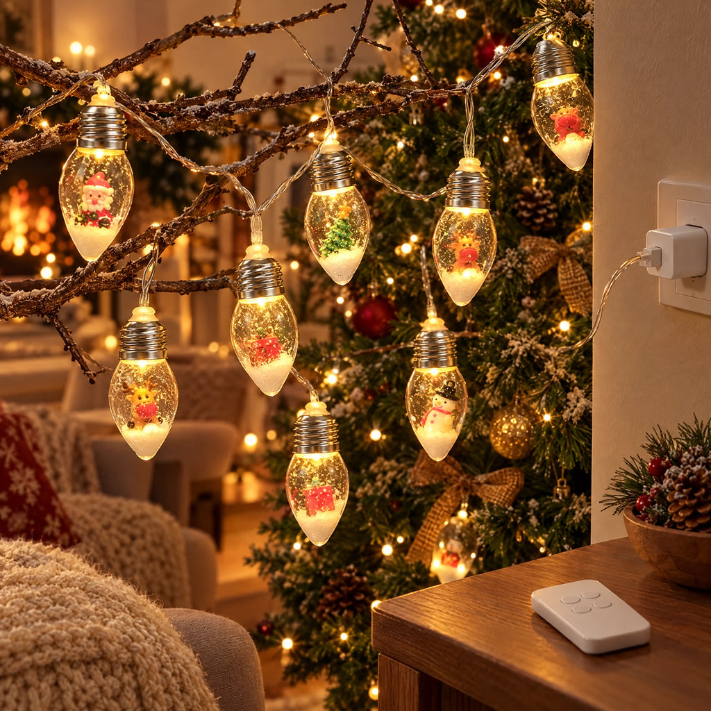 Christmas String Lights with Santa, Tree, or Snowman Inside Each Bulb - Christmas Mix - USB Eight-Function Remote Model