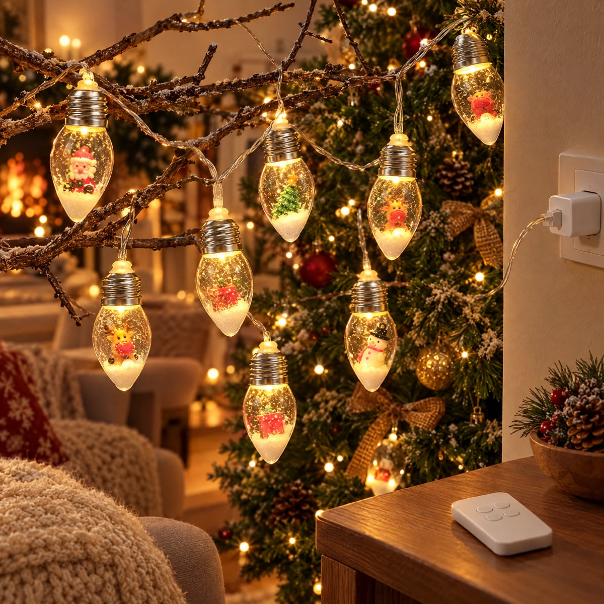 Christmas String Lights with Santa, Tree, or Snowman Inside Each Bulb - Christmas Mix - USB Eight-Function Remote Model