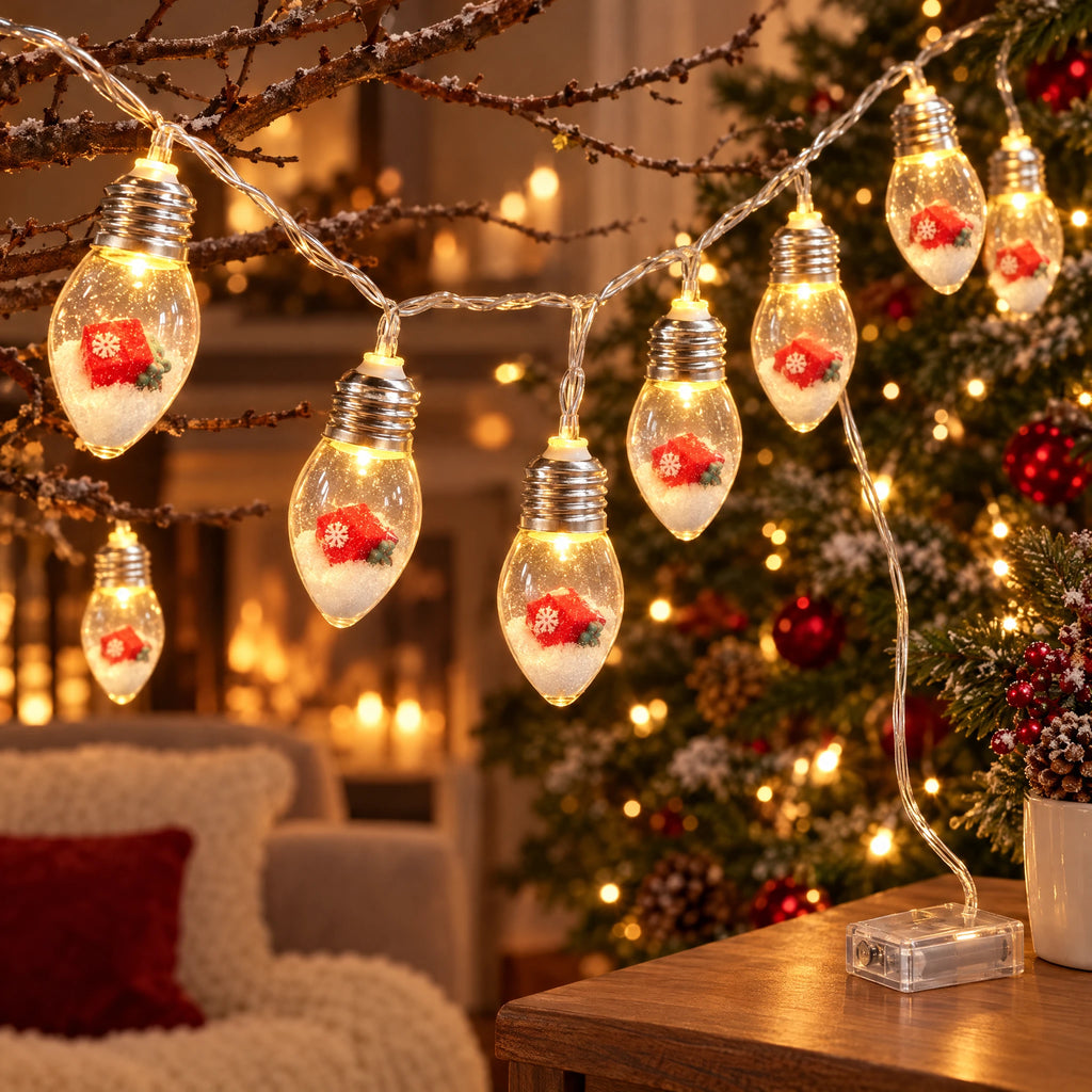 Christmas String Lights with Santa, Tree, or Snowman Inside Each Bulb - Gift Box - Battery Model