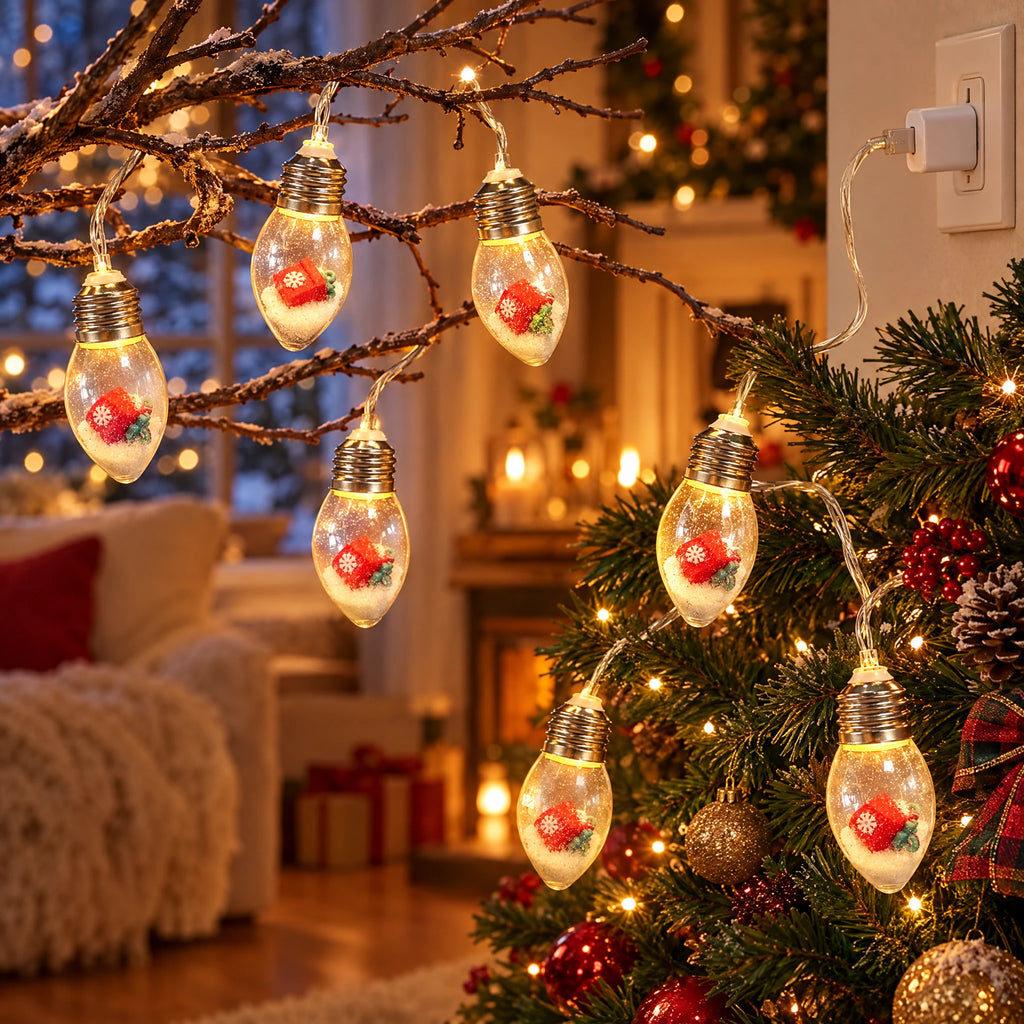 Christmas String Lights with Santa, Tree, or Snowman Inside Each Bulb - Gift Box - USB Model