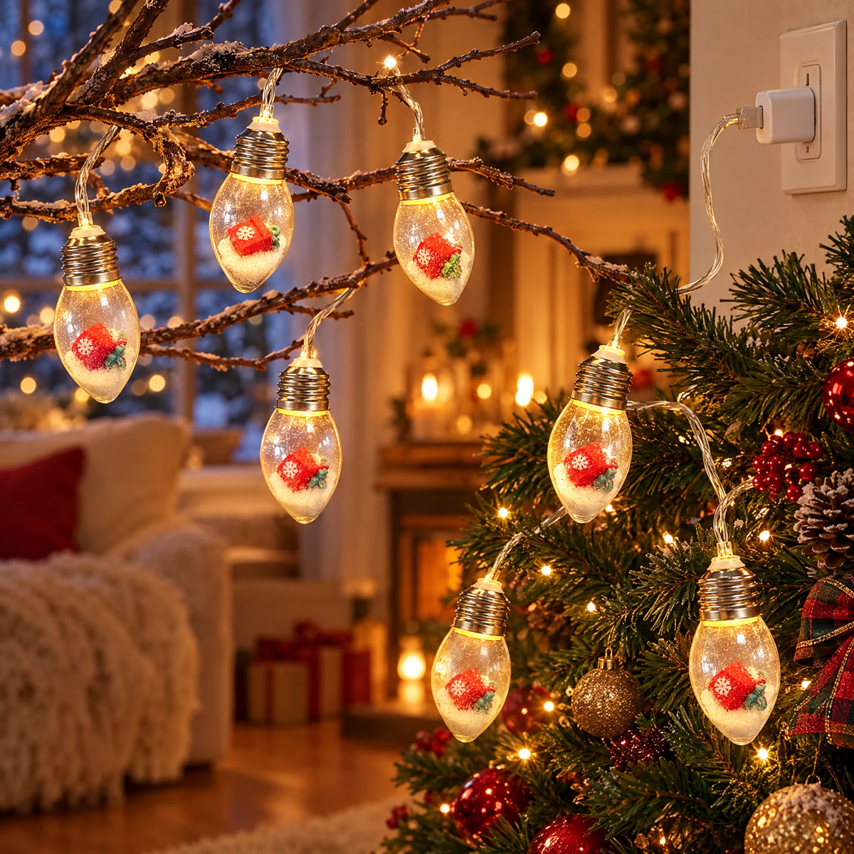 Christmas String Lights with Santa, Tree, or Snowman Inside Each Bulb - Gift Box - USB Model