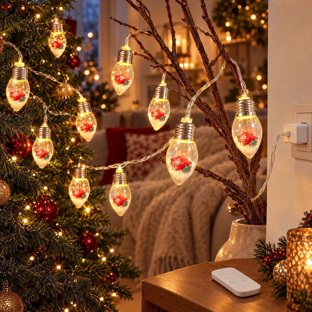 Christmas String Lights with Santa, Tree, or Snowman Inside Each Bulb - Gift Box - USB Eight-Function Remote Model