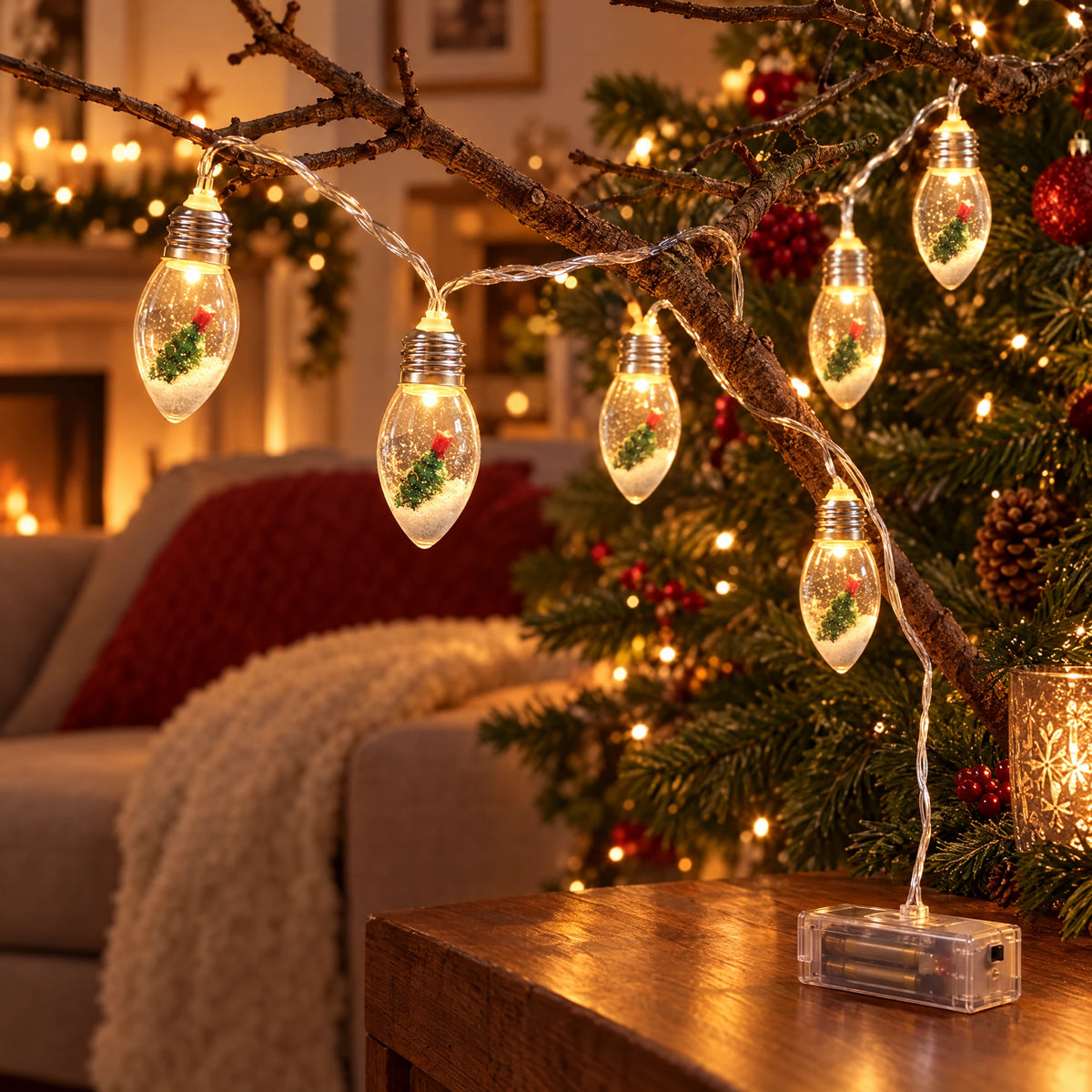Christmas String Lights with Santa, Tree, or Snowman Inside Each Bulb - Christmas Tree - Battery Model