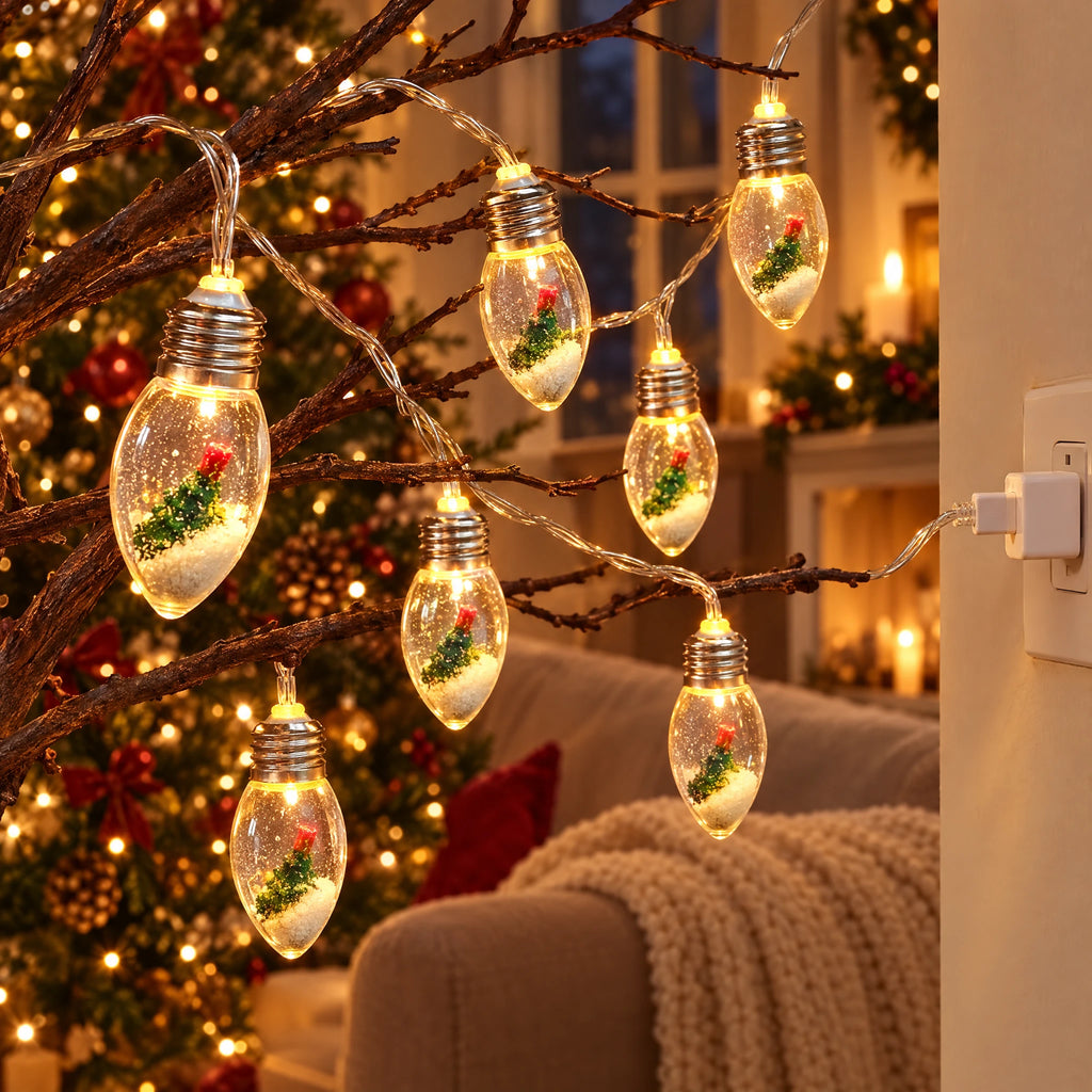 Christmas String Lights with Santa, Tree, or Snowman Inside Each Bulb - Christmas Tree - USB Model