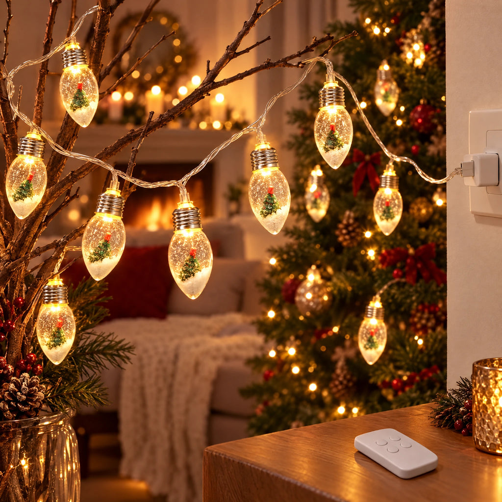 Christmas String Lights with Santa, Tree, or Snowman Inside Each Bulb - Christmas Tree - USB Eight-Function Remote Model