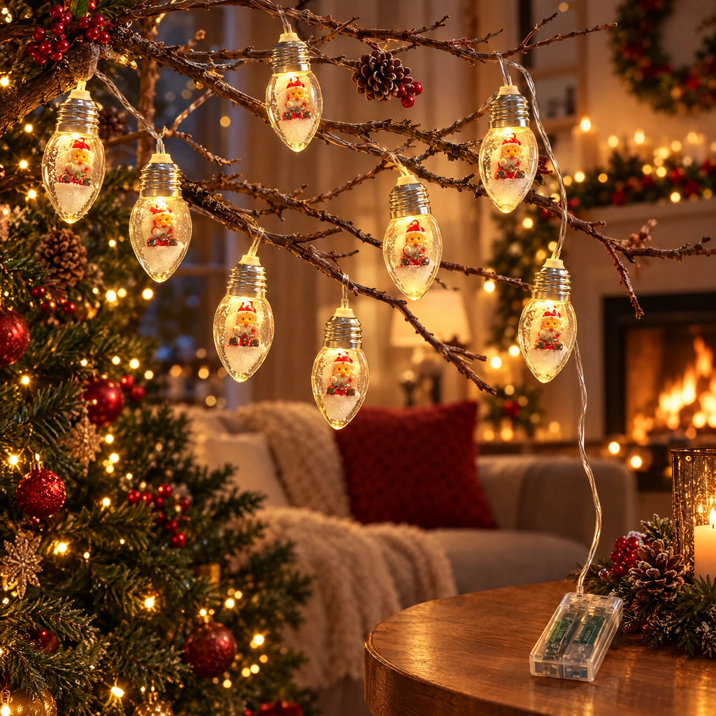 Christmas String Lights with Santa, Tree, or Snowman Inside Each Bulb - Santa Claus - Battery Model