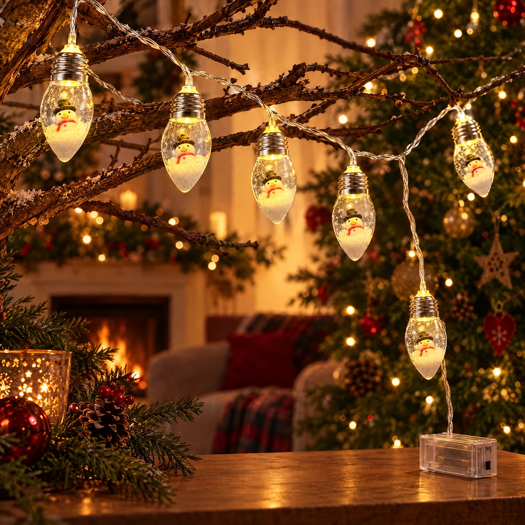 Christmas String Lights with Santa, Tree, or Snowman Inside Each Bulb - Little Snowman - Battery Model