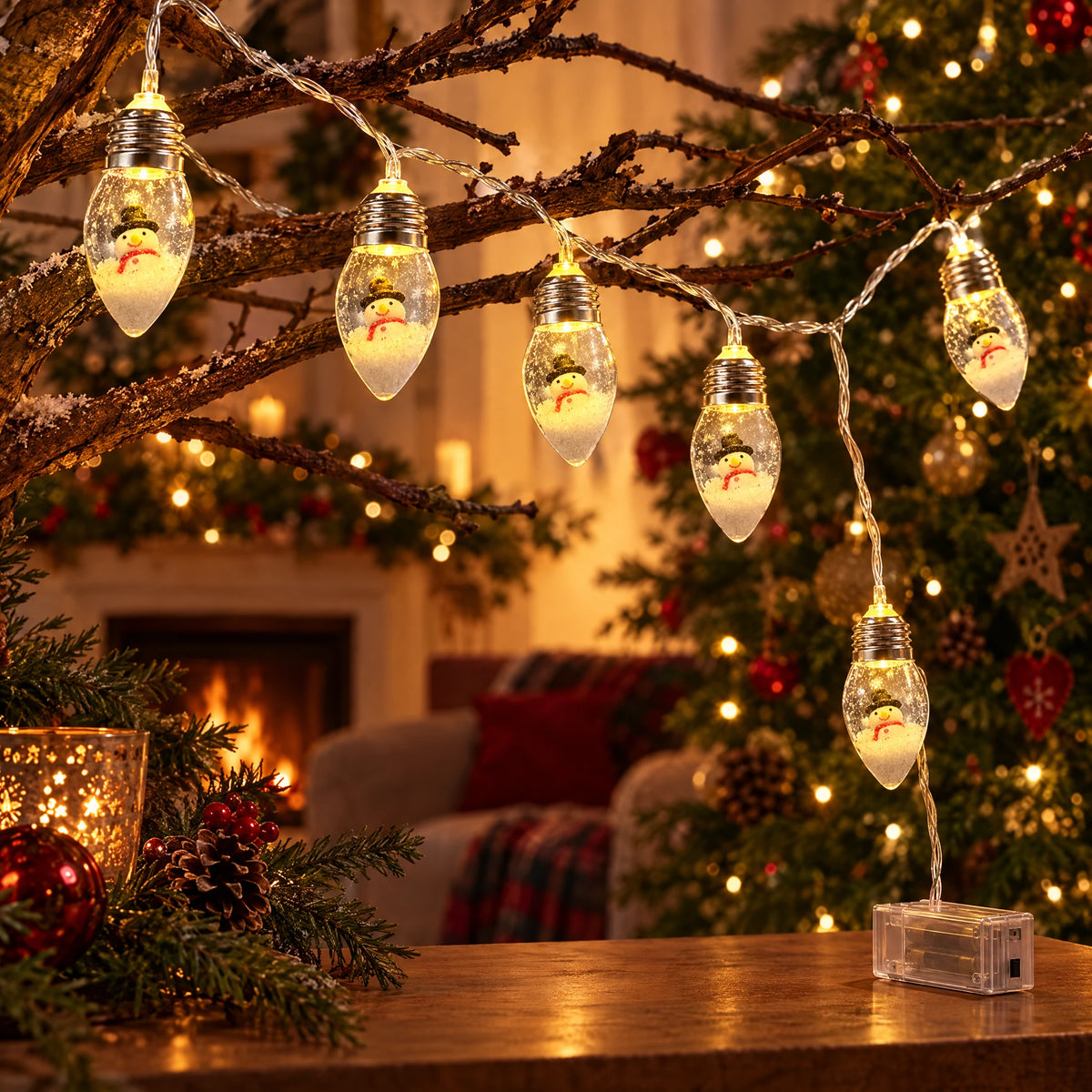 Christmas String Lights with Santa, Tree, or Snowman Inside Each Bulb - Little Snowman - Battery Model