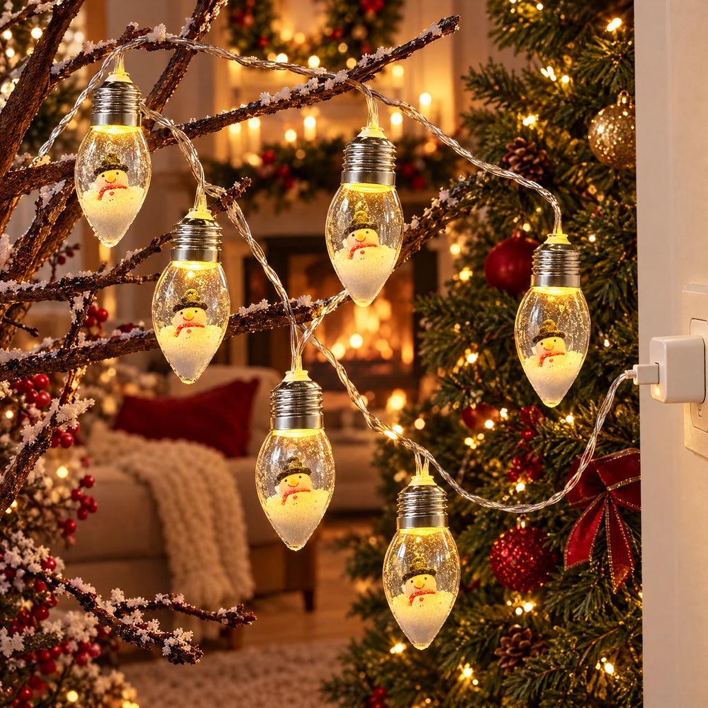 Christmas String Lights with Santa, Tree, or Snowman Inside Each Bulb - Little Snowman - USB Model