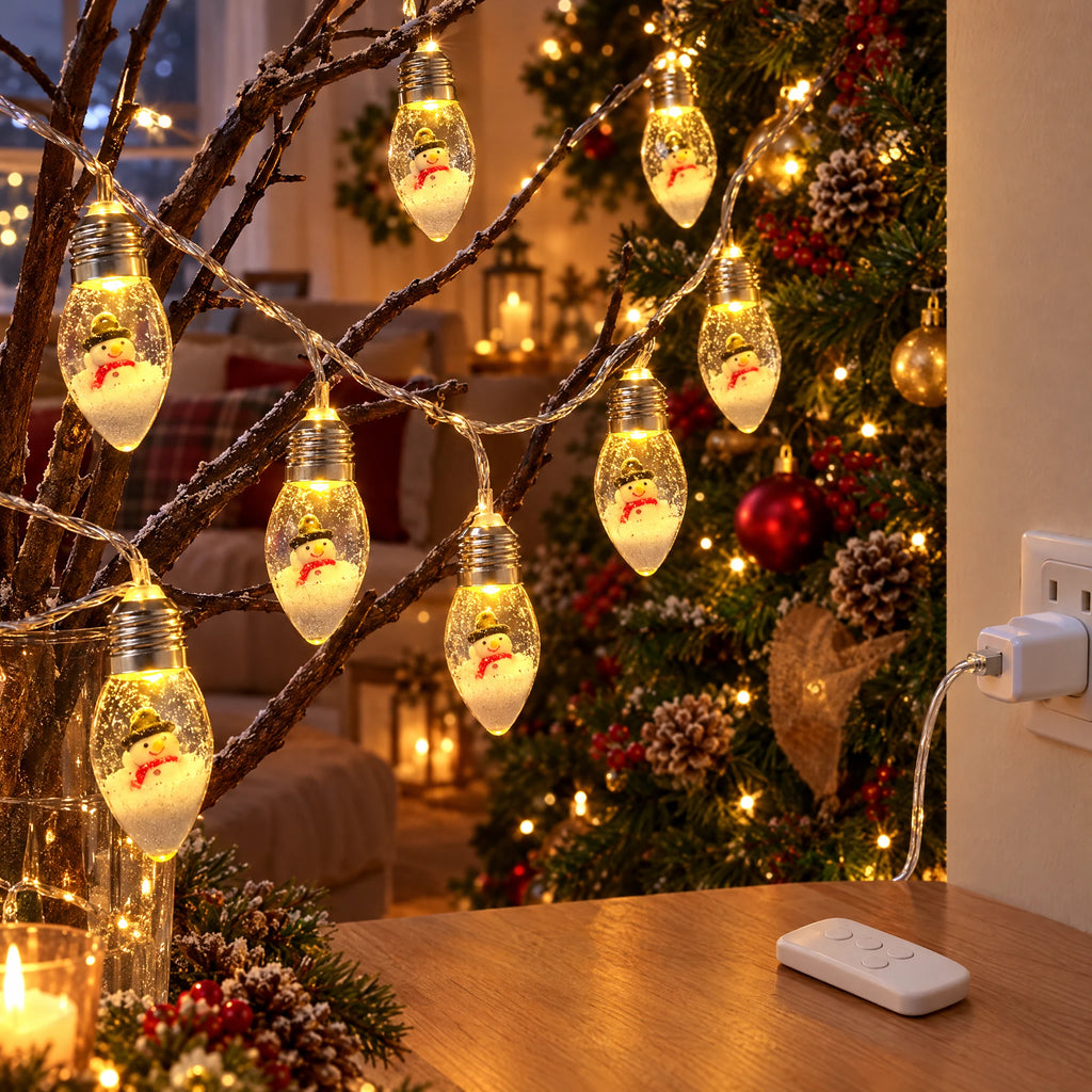 Christmas String Lights with Santa, Tree, or Snowman Inside Each Bulb - Little Snowman - USB Eight-Function Remote Model
