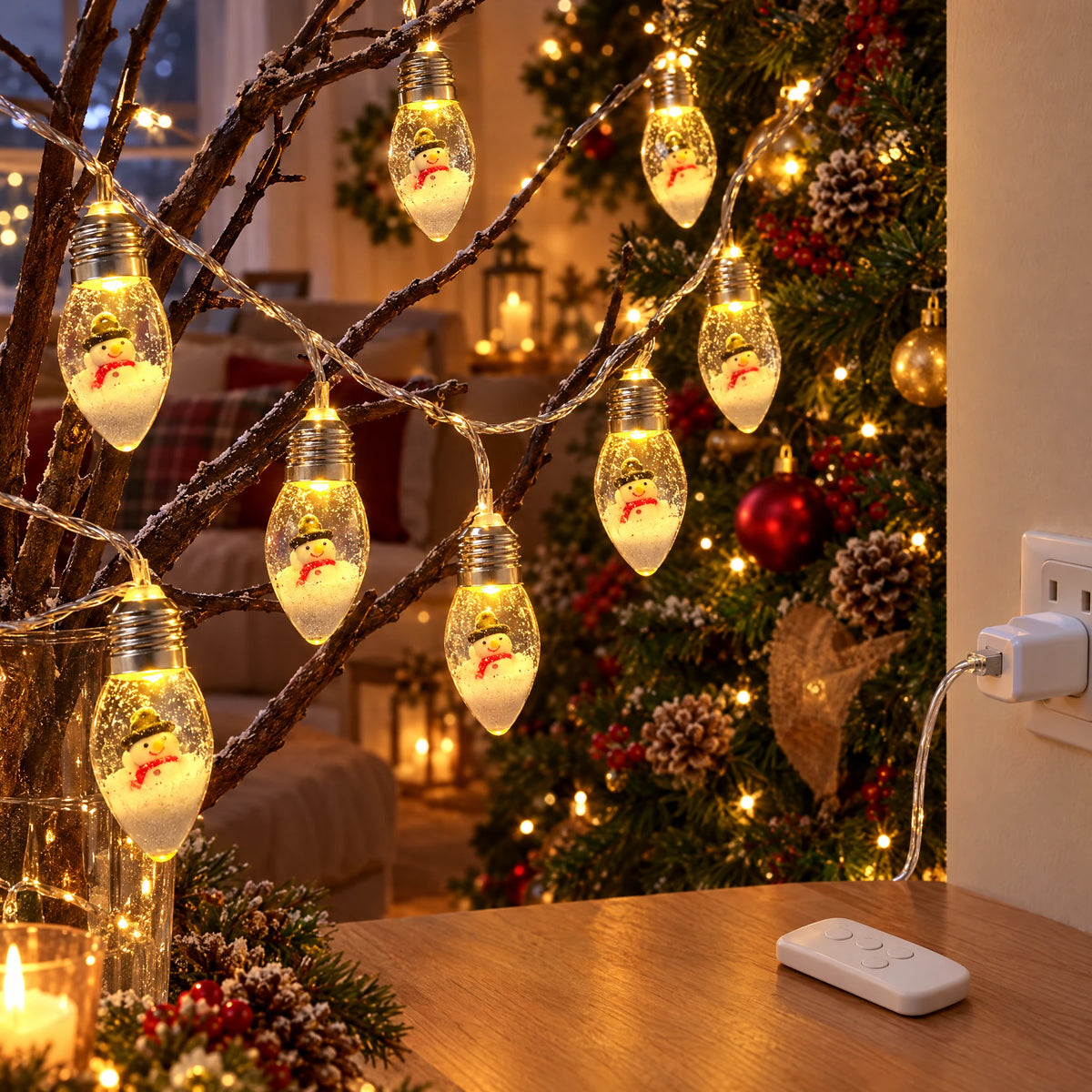 Christmas String Lights with Santa, Tree, or Snowman Inside Each Bulb - Little Snowman - USB Eight-Function Remote Model