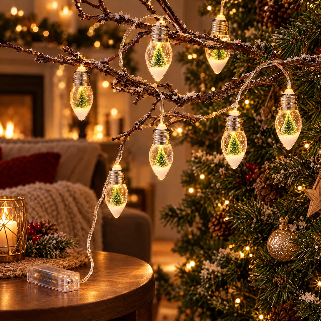 Christmas String Lights with Santa, Tree, or Snowman Inside Each Bulb - Single Christmas Tree - Battery Model